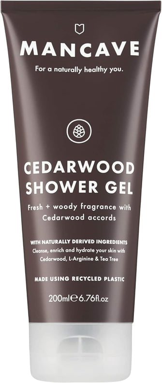 ManCave Cedarwood Shower Gel 200ml for Men, Fresh & Wood Aroma, Natural Formulation, Sulphate and Paraben Free, Vegan Friendly, Tube made from Recycled Plastics, Made in England