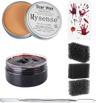 Mysense 3.5Oz(100g) Scar Wax Kit SFX Make Up Special Effects Fake Molding Wound Skin Wax Body Paint Halloween Set Fake Nose Stage Zombie Makeup with Spatula Fake Blood Gel Tatooes Stipple Sponges