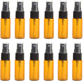 12PCS Amber Empty Refill Glass Spray Vial Bottle Jar Pots with Black Nozzle and Clear Cap Makeup Water Perfume Cosmetic Sample Packing Storage Container Fine Mist Sprayers Atomizers(15ml/0.5oz)