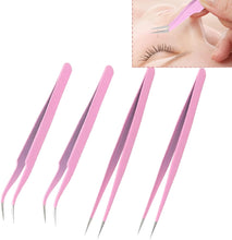 4Pcs Eyelash Extension Tweezers, Lash Tweezers Nail Art Tweezers Stainless Steel Eyelash Extension Tweezers Straight and Curved Tip Eyelash Tweezers for Craft, Makeup Tools (Pink)