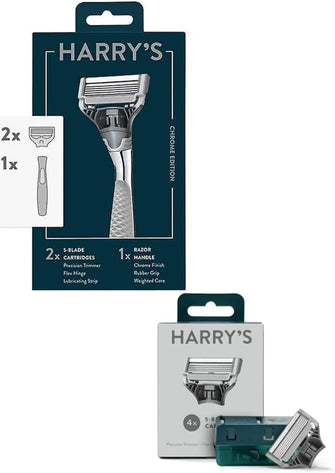 Harry's Chrome Edition 'The Winston' Bundled with Harry's Razor Blade Refills x 4 Pack, Silver