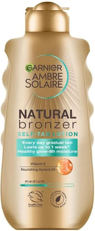 Garnier Ambre Solaire Natural Bronzer Self Tan Lotion, Natural & Streak Free Fake Tan, with Apricot Oil & Vitamin E, Gradual Tan that Lasts Up To 1 Week, Approved by Cruelty Free International, 200ml