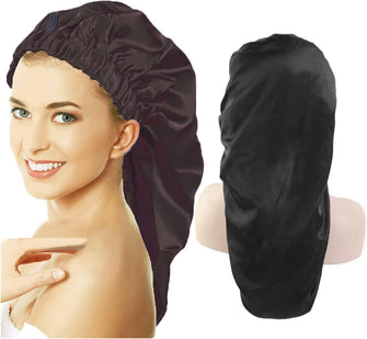 LARDROK Long Satin Sleep Cap for Women,Large Satin Bonnet,Silk Hair Bonnet with Button for Long Curly HairBlack