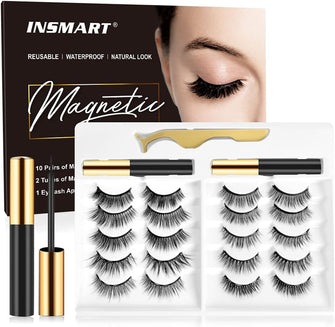 Magnetic Eyelashes,INSMART 10 Pairs False Eyelashes Upgraded 3D 5D Magnetic Eyelashes and Magnetic Eyeliner Kit with 2 Tubes of Magnetic Eyeliner Tweezers Natural Look No Glue