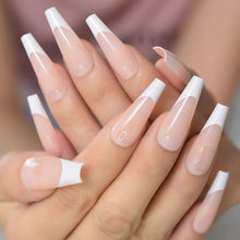 French False Nail Tip, 24Pcs Nude White Fake Nails, Press on Nails Long, Acrylic Stick on Nails, Coffin Ballerina French Design Nails Tips with Glue Sticker for Women and Girls Nail Art