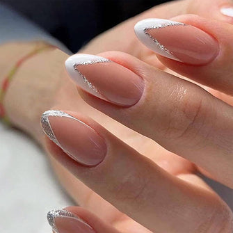 24pcs French Tip False Nails White & Glitter Silver Edge Short Press on/ Stick on nails Removable Glue-on Fake Nails Acrylic Full Cover Nails Women Girls Nail Art Accessories