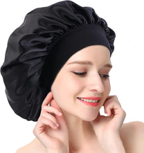 Hair Bonnet for Sleeping, Wide Elastic Band Satin Bonnet Silk Bonnet Shower Cap for Women Girls, Makeup Hair Care Sleeping Hat Elastic Hat Hair Bonnet for Night Sleep Curly Hair Protection-Black