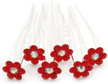 Bridal/Wedding/Prom/Party Set Of 6 Red Austrian Crystal Daisy Flower Hair Pins In Silver Tone