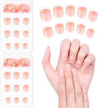 Kiiwah 48pcs French False Nails with Glue, Short Gradient Pink Artificial Acrylic Full Cover Nail Tips in 10 Different Sizes with Nail Files for Women Girls DIY Nail Art