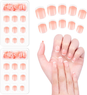 Kiiwah 48pcs French False Nails with Glue, Short Gradient Pink Artificial Acrylic Full Cover Nail Tips in 10 Different Sizes with Nail Files for Women Girls DIY Nail Art