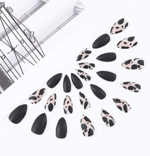 Brishow Coffin False Nails Black Leopard Fake Nails Pointed Ballerina Acrylic Press on Nails Full Cover Stick on Nails 24pcs for Women and Girls