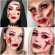 16 Sheets Halloween scar tattoos Stickers, Realistic Halloween Zombie Scars Wounds Tattoos, Fake Blood Fake Stitches Vampire Cut Scary Makeup Sticker Set Suitable for Halloween Party Cosplay.