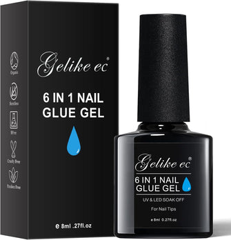 Gelike ec Gel Nail Glue: 6 in 1 UV Nails Glue Extra Strong for Clear Nail Tips 8ML Technological Brush On Nail Glue for Broken False Nails, MUST DRY UNDER NAIL LAMP