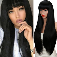 Kalyss 28 inches Womens Silky Long Straight Black Wigs High Resistant Synthetic Wig With Bangs for Women