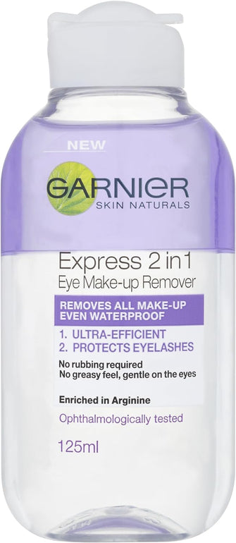 Garnier Skin Active 2 in1 Eye Make Up Remover, Suitable For Waterproof Makeup, Gentle On Eyes and Eyelashes, Use With Reusable Micellar Eco Pads, 125 ml