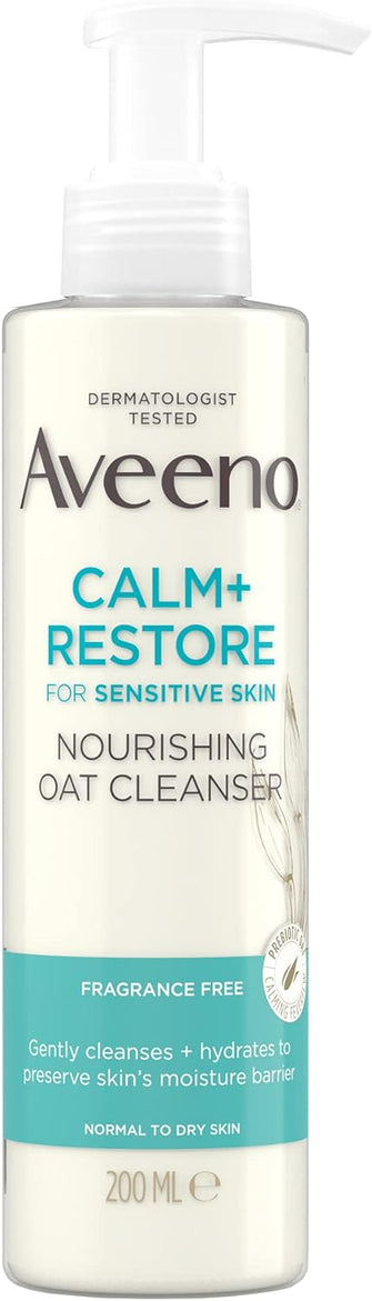 Aveeno Face CALM+RESTORE Nourishing Oat Cleanser, Gently Cleanses, For Sensitive Skin, With Prebiotic Oat and Calming Feverfew, Fragrance Free, 200ml