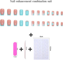 24pcs French Tip False Nails Short Square Stick on Nails Blue Pink Press on Nails with White Flower Patterns Removable Glue-on Nails Full Cover Fake Nails Women Girls Nail Art Accessories