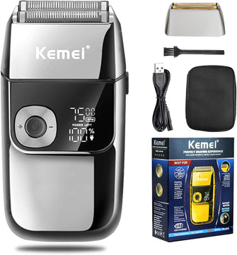 Kemei Electric foil Shaver for Men,Cordless Precision Rechargeable Beard Trimmer,Washable,USB,LED dispaly Lithium Titanium Foil Shaverswith Travel Case