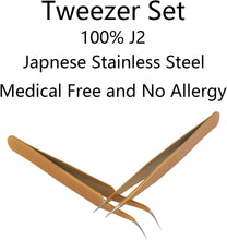 KINBOM 2pcs Lash Tweezers, Stainless Steel Eyelash Extension Tweezers Straight and Curved Tip Eyelash Tweezers (Gold)