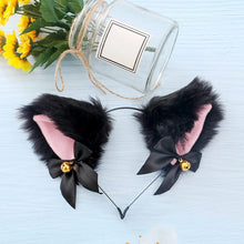 hocadon Cosplay Girl Furry Cat Ears Headband, Cute Cat Ears Headband with Bells Bows, with Choker Necklace, Cat Ear Fox Headband for Halloween Party Dressing Parties Decoration