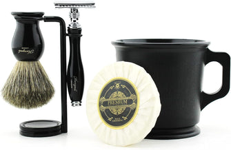 Haryali London Shaving Kit  5 Pc Shaving Kit  Double Edge Safety Razor - Badger Hair Shaving Brush  Shaving Soap  Shaving Mug  Shaving Stand  Black Color Shaving Set as Gift