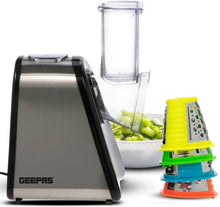 Geepas 200W 4 in 1 Electric Salad Maker  Electric, Multi Grater, Fruit Cutter, Vegetable Slicer, Shredder  Food Processor, Cylinder Design with 4 Cone Blades Set  2 Year Warranty