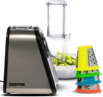 Geepas 200W 4 in 1 Electric Salad Maker  Electric, Multi Grater, Fruit Cutter, Vegetable Slicer, Shredder  Food Processor, Cylinder Design with 4 Cone Blades Set  2 Year Warranty