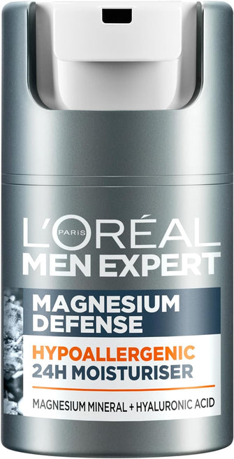 L'Oreal Men Expert Sensitive Skin Moisturiser, Magnesium Defence, Hypoallergenic 24H Daily Mens Moisturiser, With Magnesium Mineral And Hyaluronic Acid, 50ml