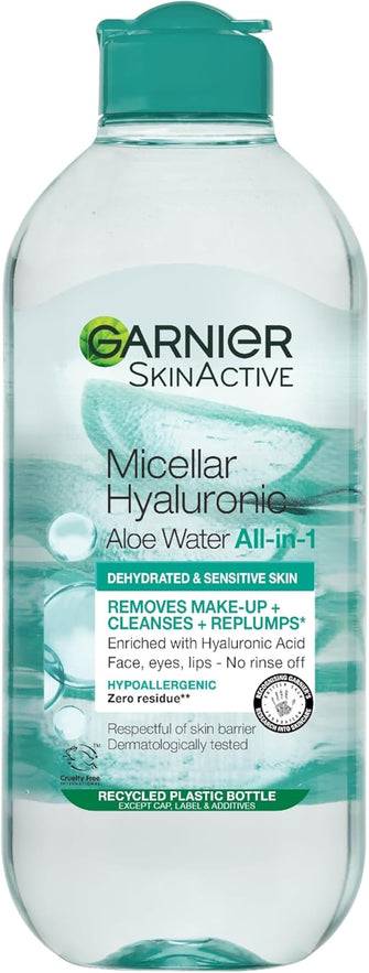 Garnier Micellar Hyaluronic Aloe Cleansing Water For Dehydrated Skin 400ml, Replumping Cleanser & Makeup Remover, Recognised By The British Skin Foundation, Use With Reusable Micellar Eco Pads