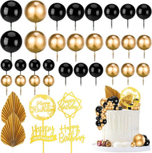 FRIUSATE 36 PCS Black and Gold Cake Decorations Black and Gold Foam Balls Palm Leaves Cake Toppers For Happy Birthday Wedding Anniversary Party Supplies