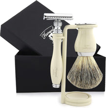 Haryali London Mens Shaving Set with Double Edge Safety Razor, Black Badger Hair Shaving Brush and Stainless Steel Stand Perfect Grooming Gift Kit