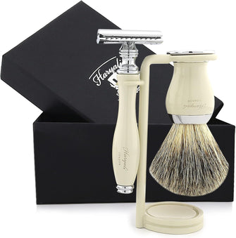 Haryali London Mens Shaving Set with Double Edge Safety Razor, Black Badger Hair Shaving Brush and Stainless Steel Stand Perfect Grooming Gift Kit