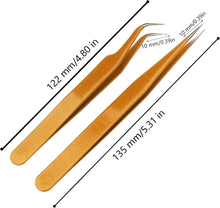 KINBOM 2pcs Lash Tweezers, Stainless Steel Eyelash Extension Tweezers Straight and Curved Tip Eyelash Tweezers (Gold)