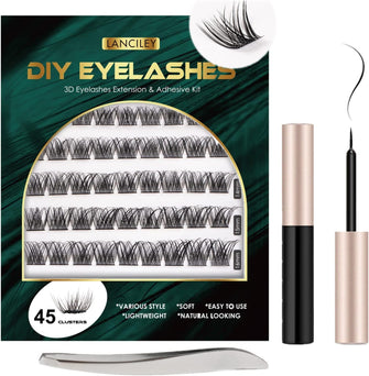 Lanciley Individual Lashes 45 Clusters Lashes CC Curl DIY Eyelash Extension Kit at Home for Make-up Beginner False Eyelashes with Eyelash Glue Tweezers 10/12/14/15/16mm Easy to Use - Fluffy Style