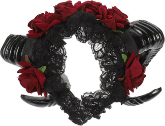 Lurrose Halloween Headband Sheep Horn Head Piece Rose Flower Hair Band Gothic Horns Headwear with Lace Veil for Festival