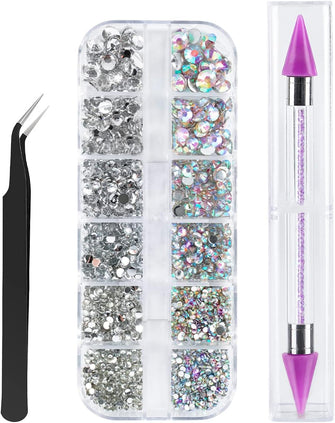 Canvalite 1500PCS Rhinestones in 6 Sizes Flat Back Gems, Crystal AB Nail Art Gems with Pick Up Tweezers and Rhinestone Picker Dotting Pen, Tools for Nails, Clothes, Face, Craft