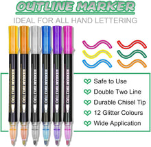 Maqhpu Glitter Pens Colouring Pens, Valentines Gifts for Kids, Teenage Girls Gifts, 12 Colours Double Line Outline Marker Pens for Scrapbook, Arts and Crafts for Kids, Gifts for 4-12 Year Old Girls