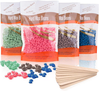 Hard Wax Beads, 4 X 100G Painless Hard Wax Beans with 10 Applicators, Professional Wax Beads for Eyebrow, Armpit, Bikini, Back, Chest, Legs, Painless Hair Removal