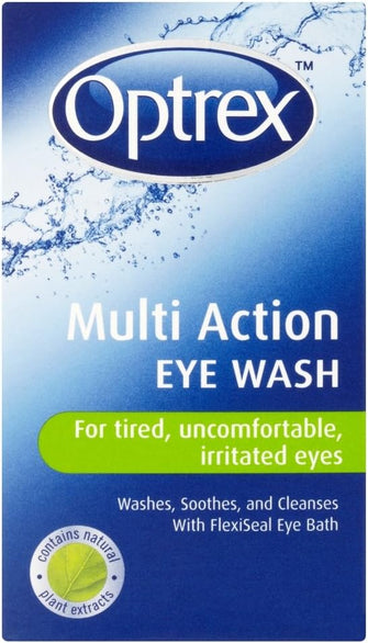 Optrex Multi Action Eye Wash, For Tired, Uncomfortable & Irritated Eyes, 100ml each, Washes, Soothes & Cleanses, Contains Natural Plant Extracts, With Flexiseal Eye Bath