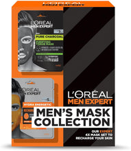 L'Oral Men Expert - Gift Set for Men - Men's Mask Collection - Contains 4 Men Expert Charcoal & Hydra Energetic Sheet Masks