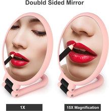 15x Magnifying Hand Held Mirror, Linkstyle Double Sided Makeup Mirror with 1X 15X Magnification and Adjustable Folding Handle, Professional Handheld Stand Travel Mirror, Pink