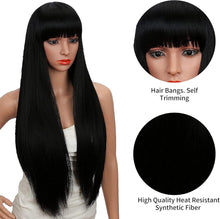 Kalyss 28 inches Womens Silky Long Straight Black Wigs High Resistant Synthetic Wig With Bangs for Women