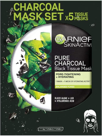 Garnier Charcoal and Algae Purifying Tissue Mask, Hydrating Tissue Face Sheet Mask for Enlarged Pores Pack of 5