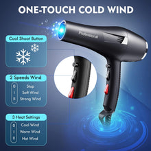 HappyGoo,Black Professional Hair Dryer 2400W AC Motor Fast Drying Salon Ionic Hairdryer with 2 Speed, 3 Heat Setting, Cool Button, with Diffuser, Nozzle, Concentrator Comb for Curly and Straight Hair