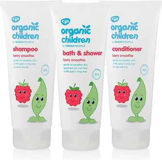 GREEN PEOPLE Organic Children Berry Burst Bath and Shower 200 ml, Shampoo 200 ml and Conditioner 200 ml Bundle, Sensitive skin, Eczema-friendly, Certified organic ingredients, Clear