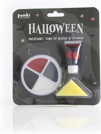 Halloween Oil-Based Facepaint - Pot of Black, White, Grey and Red Face Paint with a Tube of Fake Blood and Sponge - Fancy Dress Costume Makeup Accessory (Pack of 1)