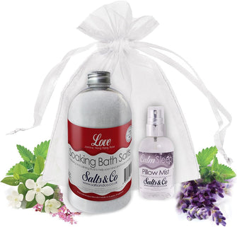 Love & Calm - Aromatherapy Bath Salts & Pillow Spray Gift Set - Packaged in Organza Bag - Jasmine, Ylang ylang, Rose, Lavender, Chamomile, Valerian oils by Salts & Co