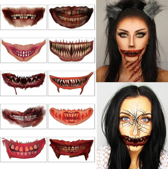 10 Halloween Zombie Makeup Kit Accessories Tattoos,Halloween Vampire Clown Horror Big Mouth Wound Smile Lip Tattoo Stickers,Halloween Make Up Scars and Wounds Waterproof Women Men Face Tattoos