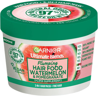 Garnier Ultimate Blends Plumping Hair Food Watermelon and Pomegranate, 3-In-1 Fine Hair Mask Treatment 400 ml