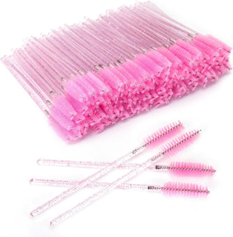 G2PLUS 100 PCS Disposable Eyelash Brushes - Pink Eyelash Spoolies - Crystal Mascara Wands -Eyelash Extension Brush Applicator for Eyelash Extensions